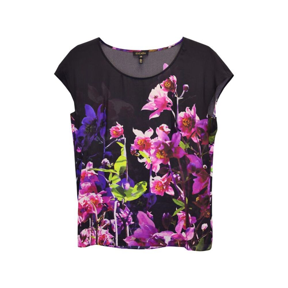Escada Floral Cap Sleeve Top in Black Silk